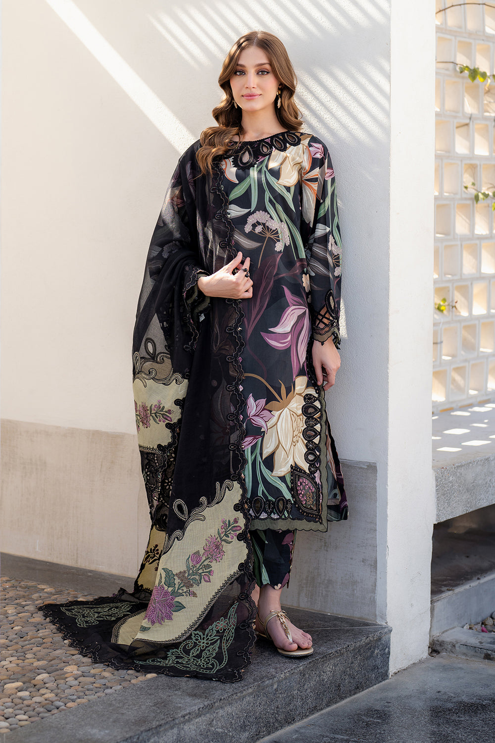 BAROQUE EMBROIDERED MULTI PRINTED DARK ROSE | UNSTITCHED PARTY WEAR| TOP PAKISTANI DRESS BY SHAEBIZ S